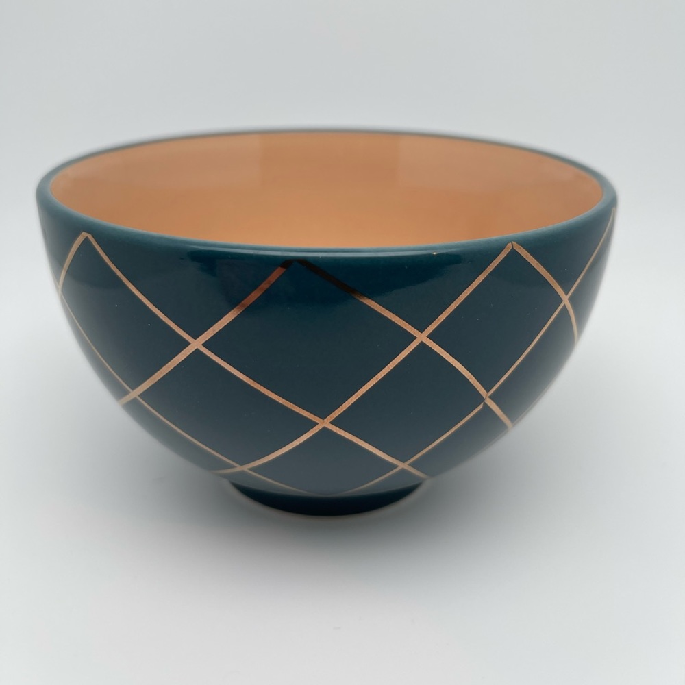Ceramic Set of 3 Nesting Bowls, Design w/Gold Trim by Chic & Tonic Teal & Peachy - Picture 4 of 13